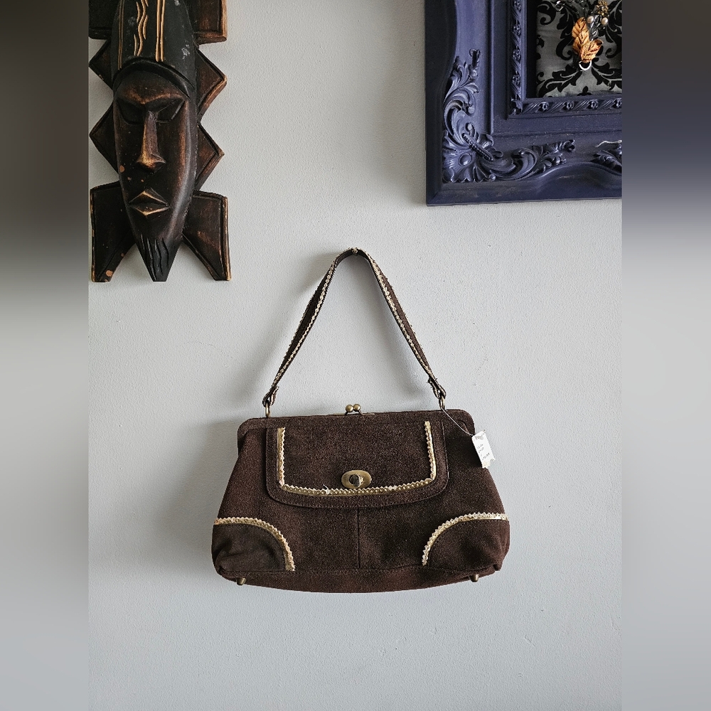 NWT Retro Vintage Mod Chocolate Suede Gold Trim, Hardware Shoulder Handbag